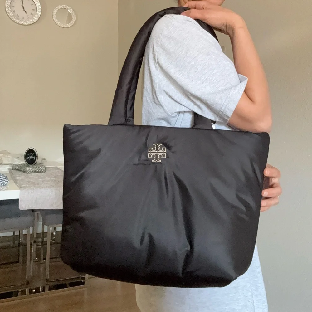 NWT Tory Burch 167626 Britten Nylon Puffy Tote Black Silver Logo Bag - Picture 12 of 12